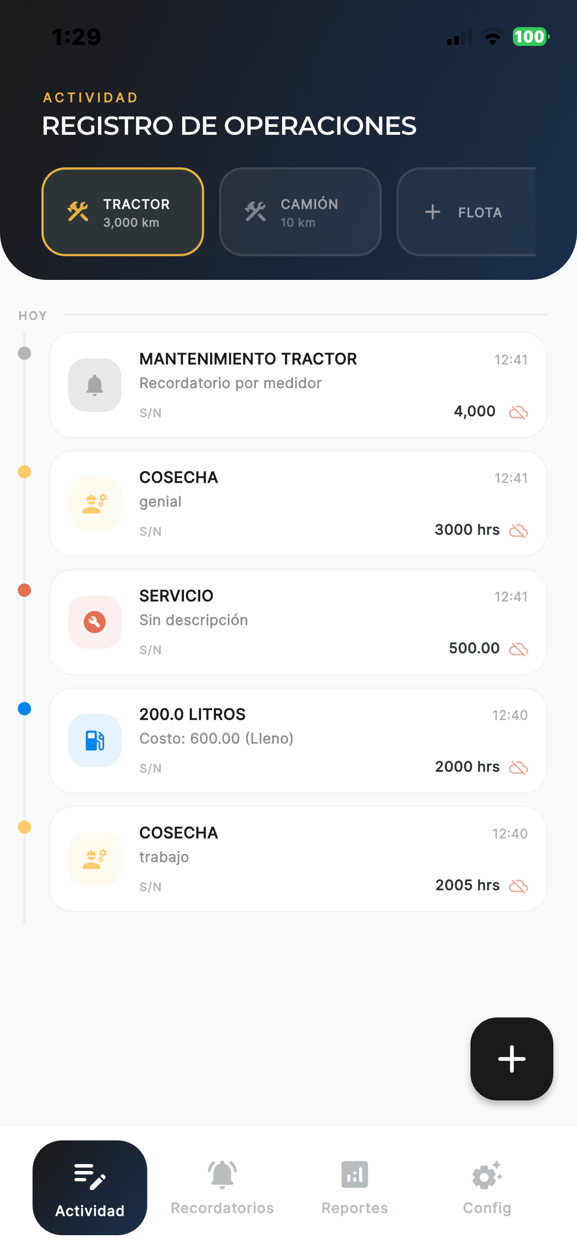 RCM app: machinery operations log