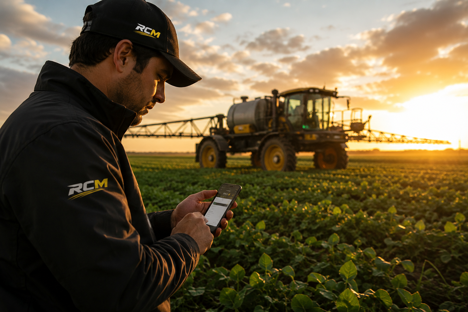 RCM operator logging work from the app out in the field at sunset