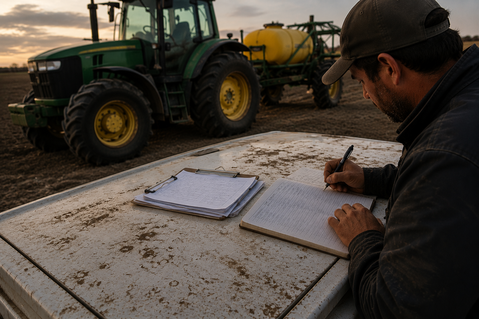 Operador de RCM registrando trabajo desde la app en pleno campo al atardecer