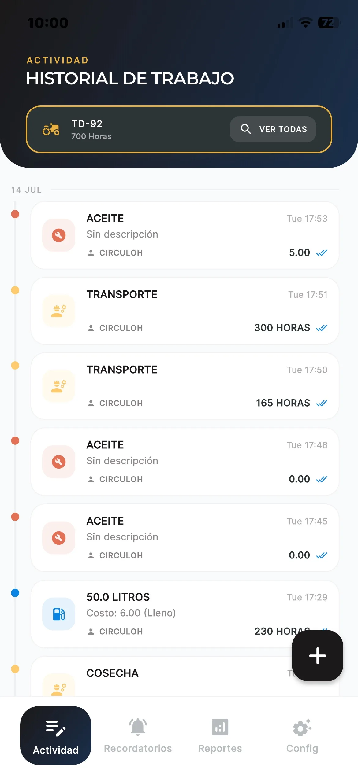 Aplicación de Tracktor: historial de trabajo