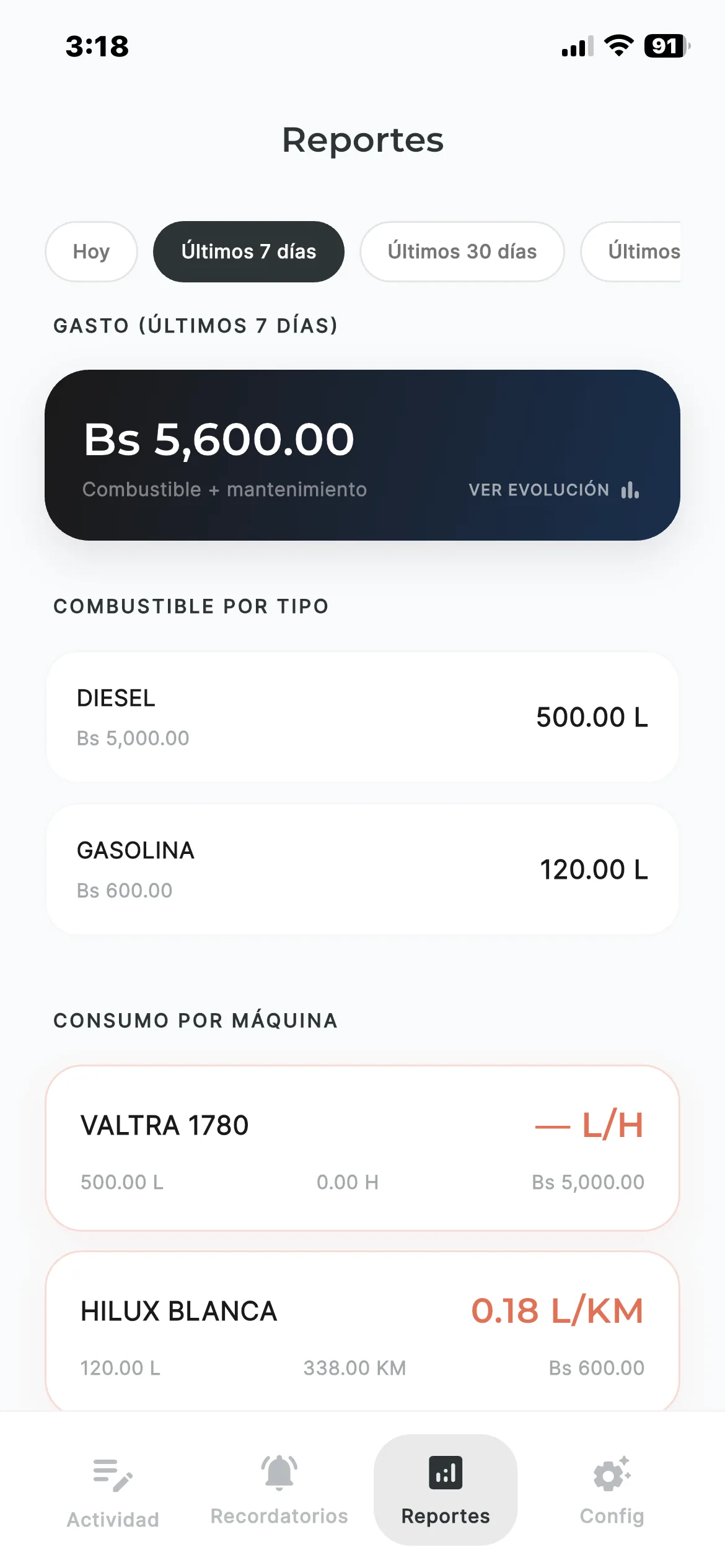 Aplicación de Tracktor: reportes de gasto y consumo
