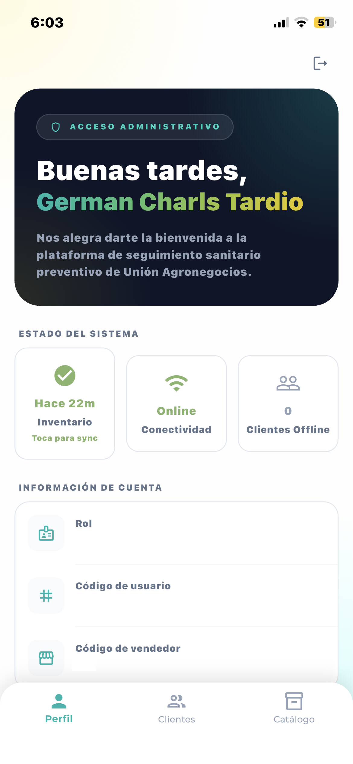 Unisanity móvil: inicio con el estado del sistema