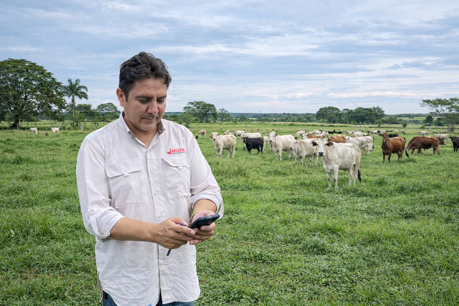 Técnico de Unión Agronegocios usando UniSanity en el potrero, con el ganado de fondo